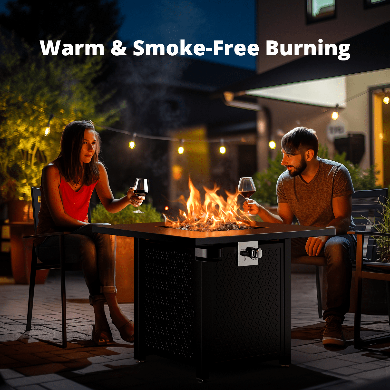 Philergo 28 Inch Propane Fire Pits with Cup Holders, 50000 BTU Steel Gas Fire Pit Table with Lid and Lava Rock for Outdoor