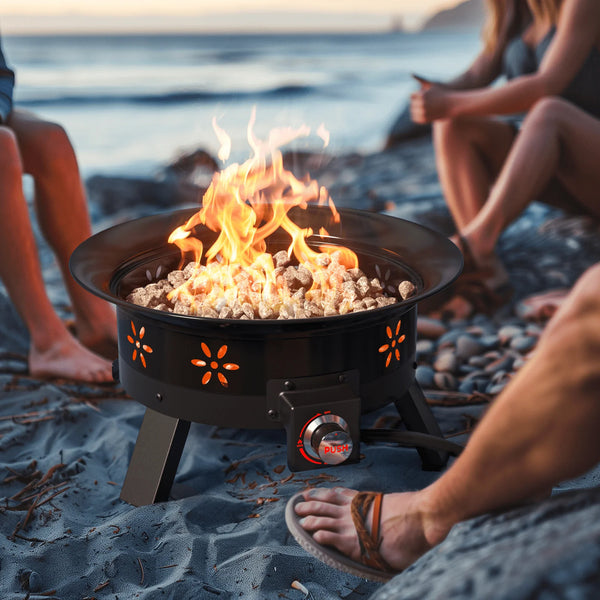 24 inch Portable Fire Pits with Grill for Outside 58000 BTU Gas Fire Bowl with Foldable Legs & Lid & Carry Kit & Lava Rock Stone