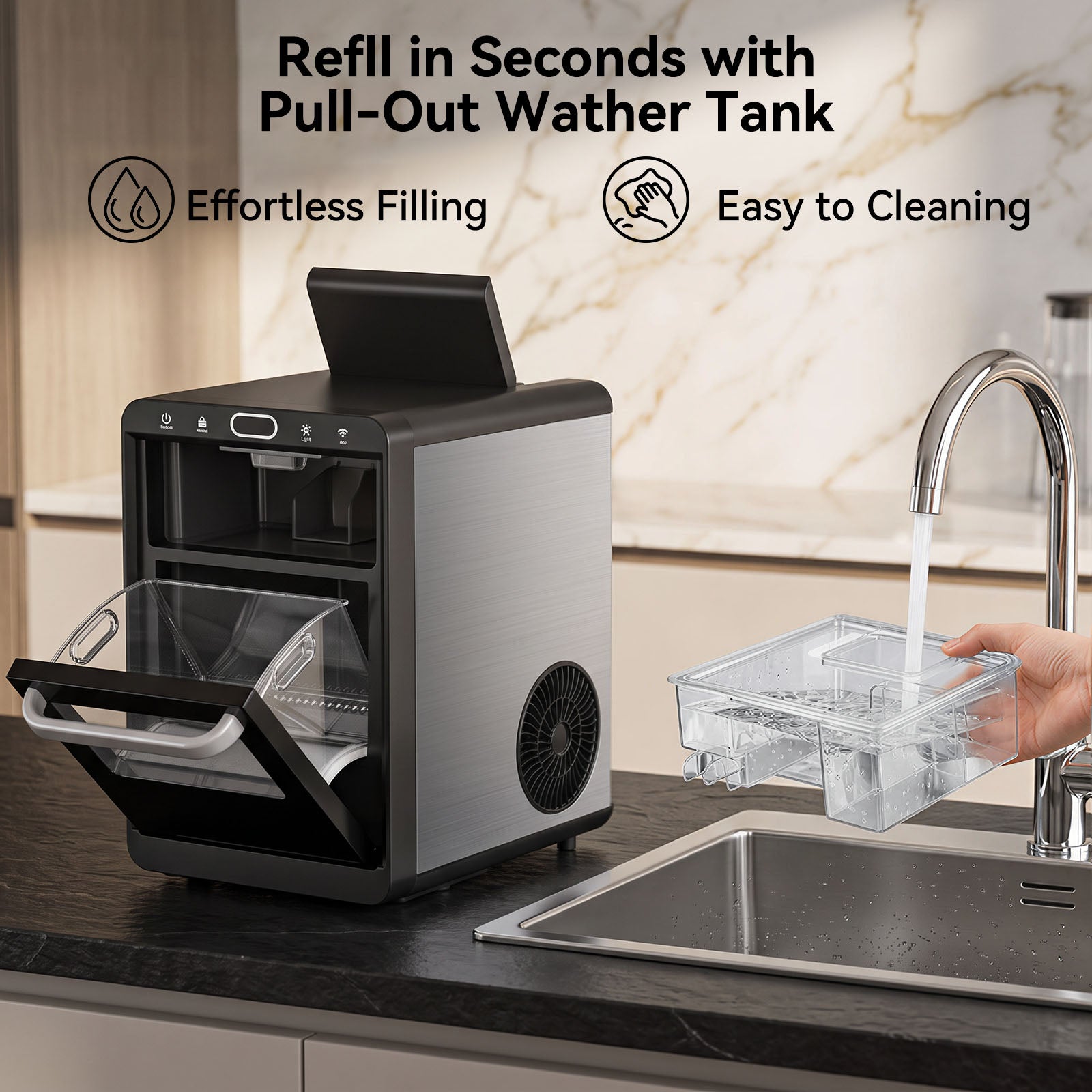 Philergo Nugget Ice Maker Countertop, Smart Pebble Ice maker with App Control, 44 lbs/Day, Ice in 10 Minutes, Self-Cleaning, Timer & Status Alerts, Stainless Steel,Design for Home, Kitchen