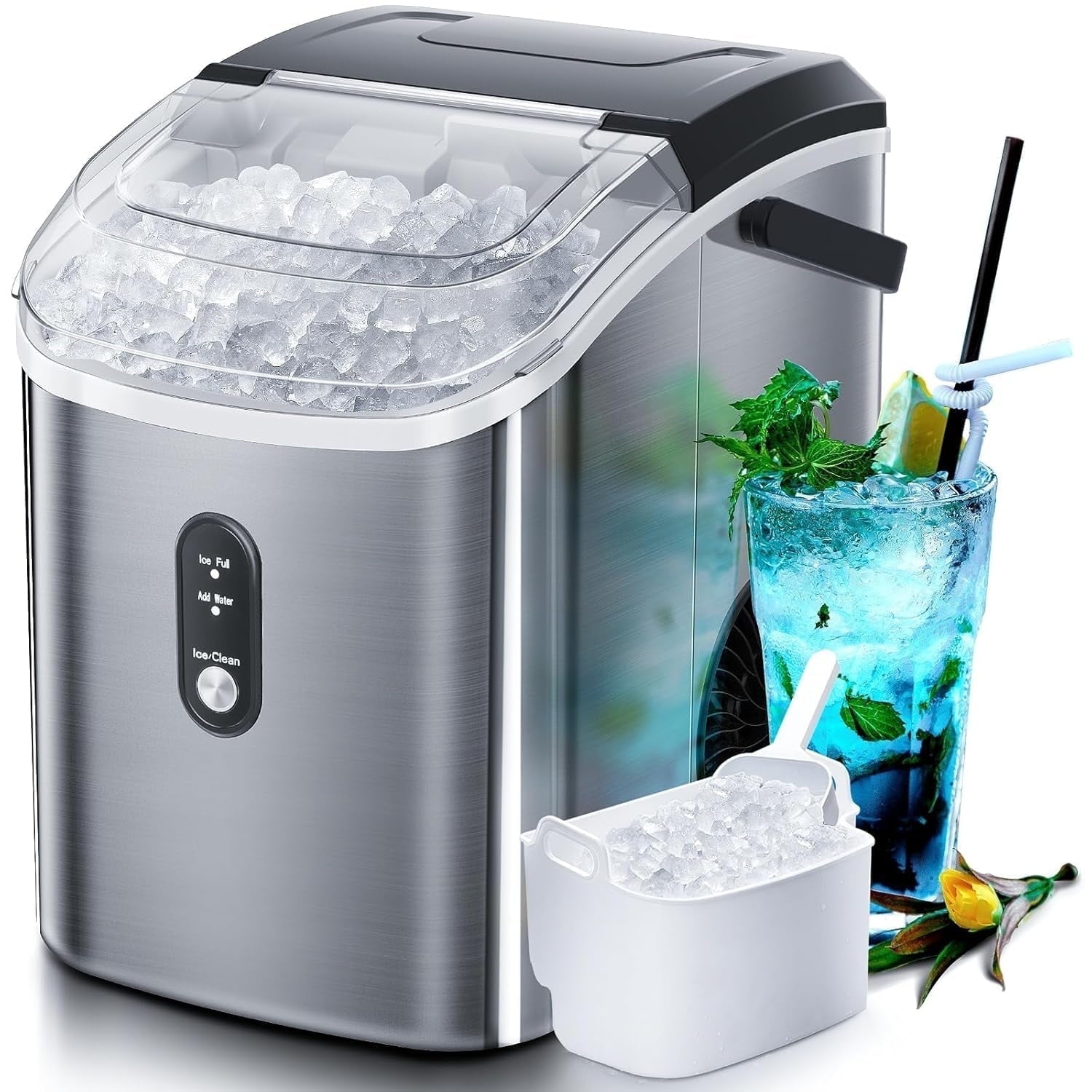 Philergo Nugget Ice Maker Countertop, 35lbs/24H with Self-Cleaning Function Pellet Ice Maker for Home, Kitchen, Office, Stainless Steel