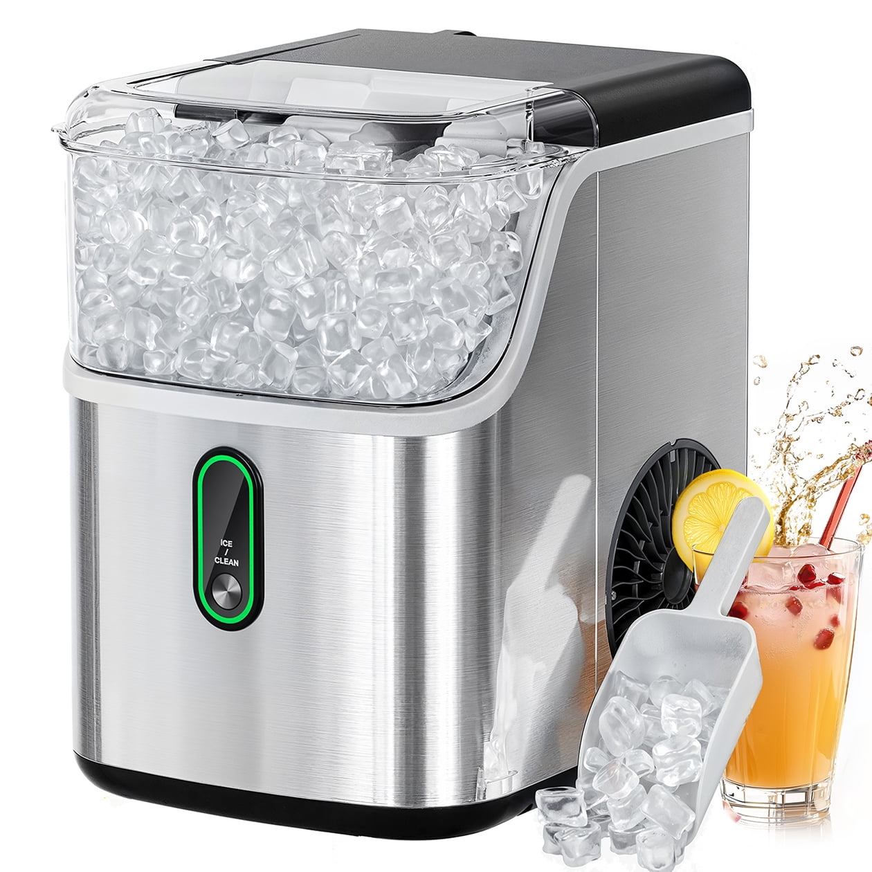 Philergo 35lbs/24H Nugget Ice Maker Countertops with LED Indicator, Portable Chewable Pebble Ice Machine with Self-Cleaning, Crushed Sonic Ice for Hmoe, Kitchen, RV, Stainless Steel