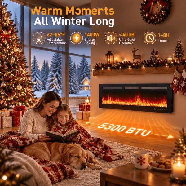 Philergo 60" Electric Fireplace, 1400W Wall Mount, Recessed Fireplace Insert Heater wiht Remote Control, 20 Adjustable Flame Color, Timer and Touch Screen