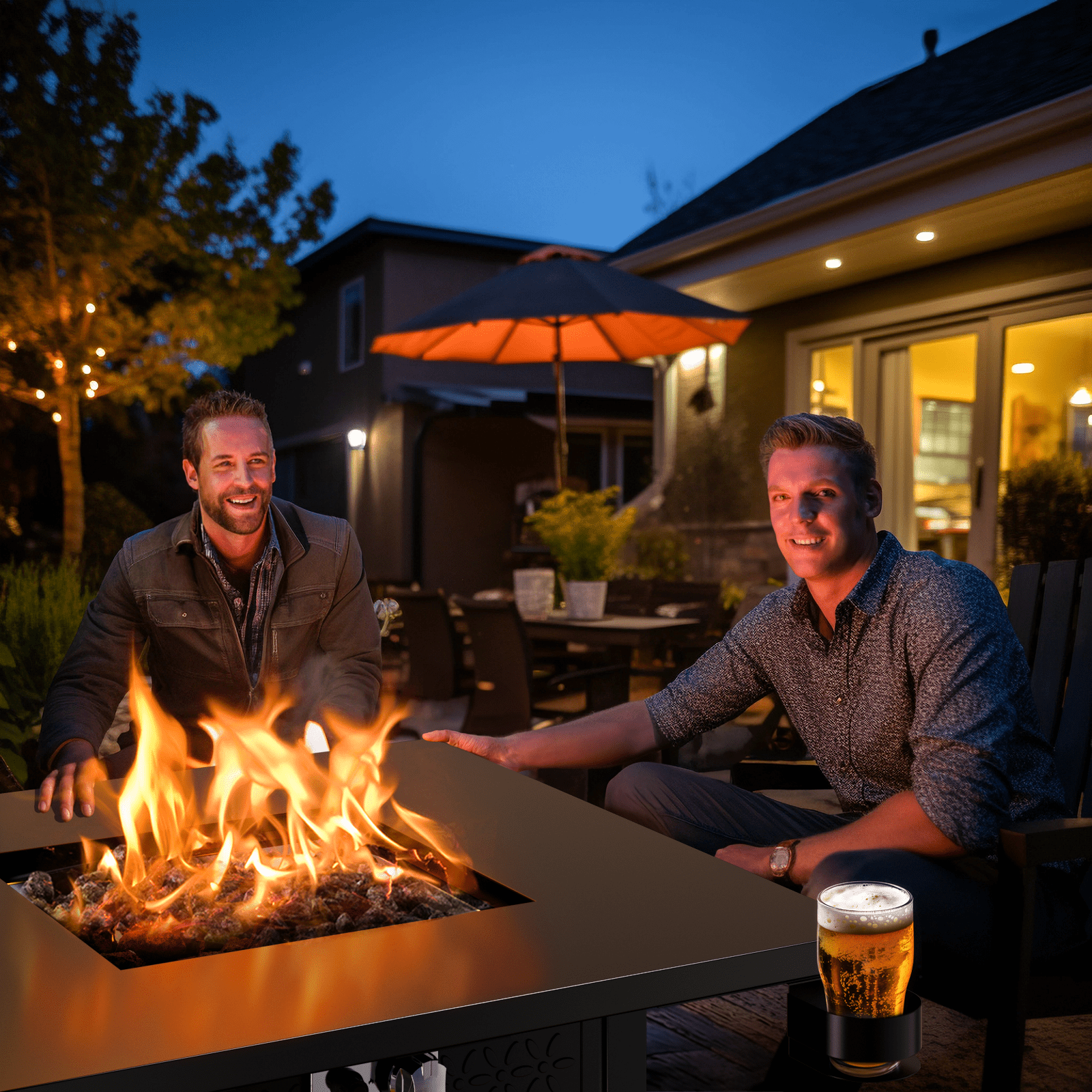 Philergo 28 Inch Propane Fire Pits with Cup Holders, 50000 BTU Steel Gas Fire Pit Table with Lid and Lava Rock for Outdoor