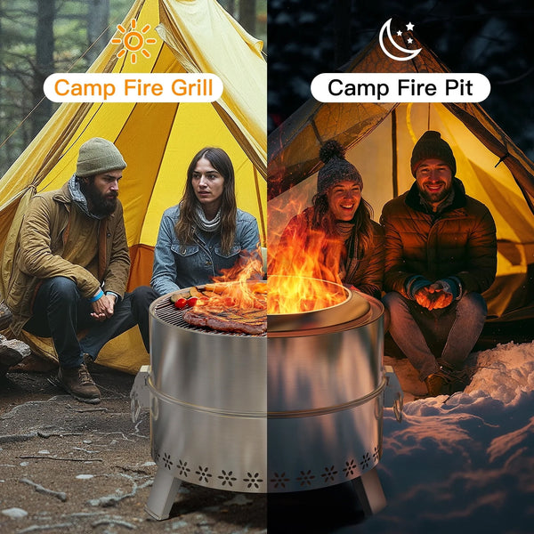Philergo 17" Smokeless Fire Pit for Outside, Stainless Steel Wood Burning Fire Pit with Foldable Legs, Grill, Poker, Carry Bag