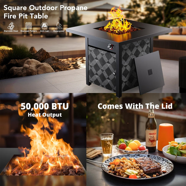 Philergo 28" Propane Fire Pit, 50,000 BTU Square Gas Fire Pit Table for Patio Garden Party with Lava Rocks, Removable Lid, CSA-Certified