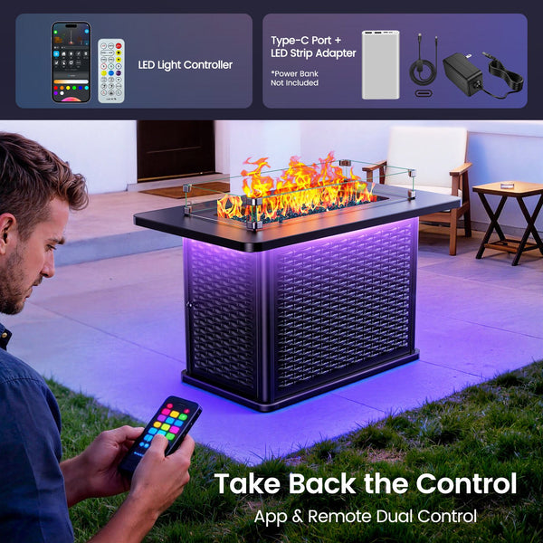 Philergo 43" Propane Fire Pits with RGB Strip, 60,000 BTU Rectangular Gas Fire Pit Table with Glass Beads, Wind Guard and Waterproof Cover for Outside, Patio, APP or Remote Control