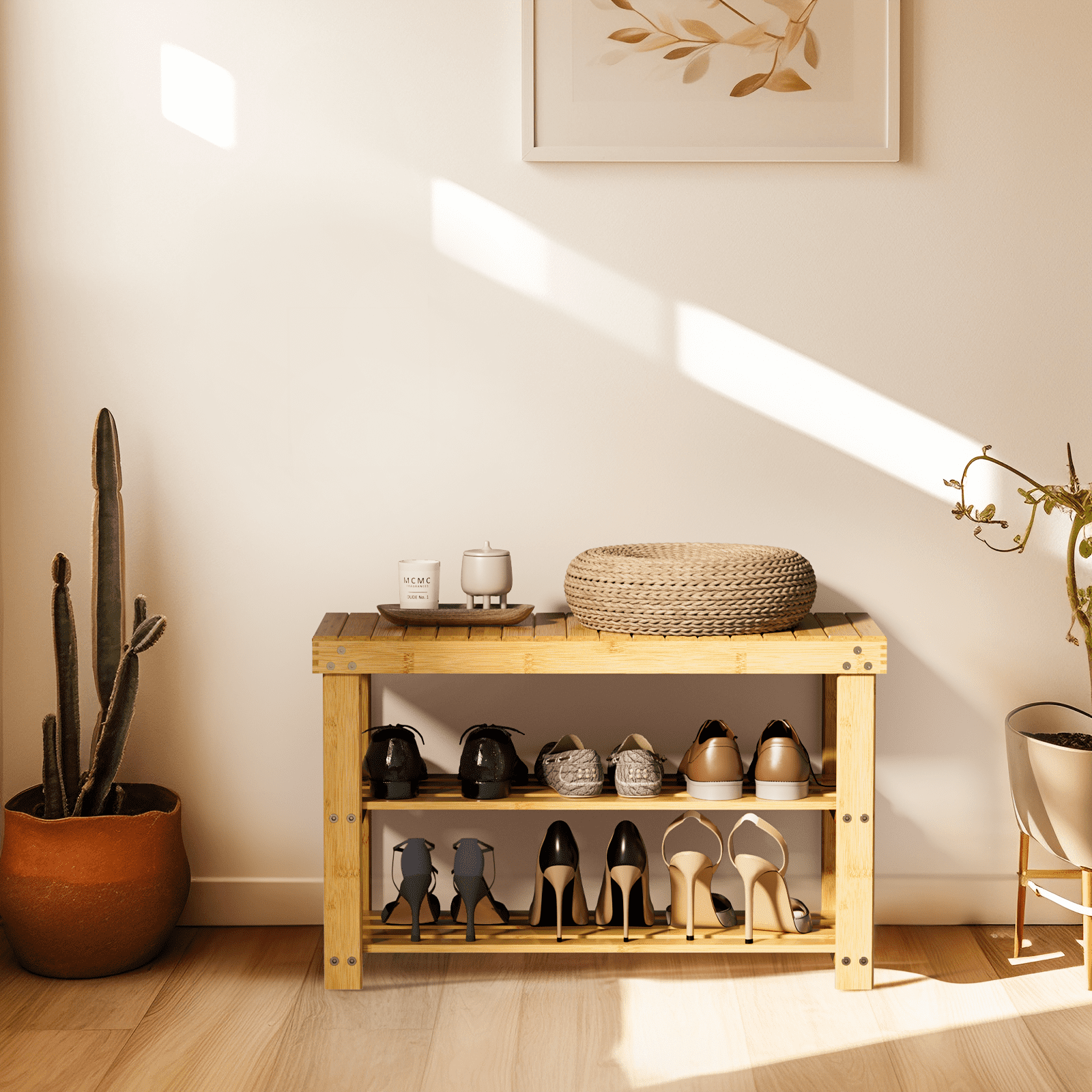 3-Tier Bamboo Shoe Rack Bench, Entryway Storage Bench Holds up to 210 lbs