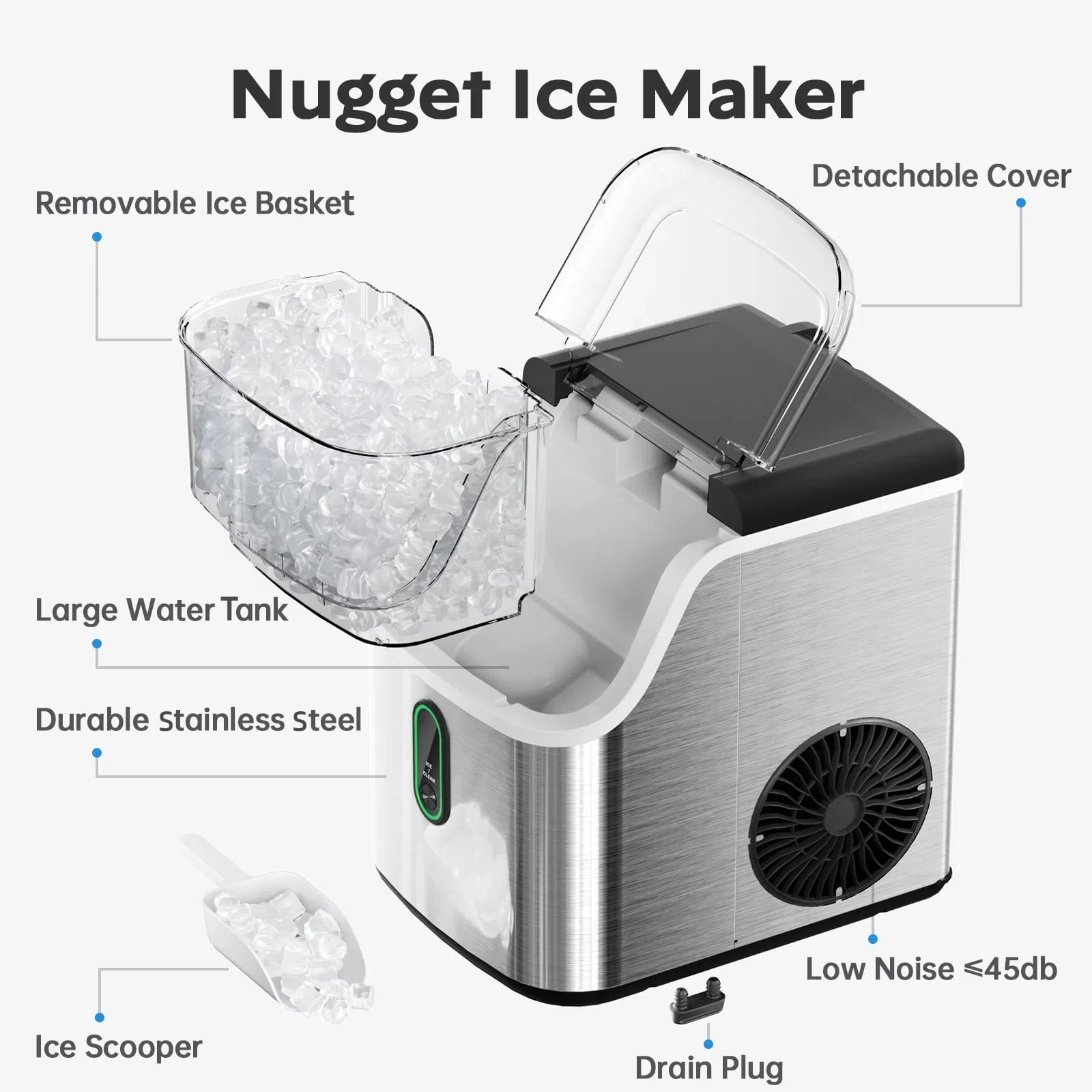 Philergo 35lbs/24H Nugget Ice Maker Countertops with LED Indicator, Portable Chewable Pebble Ice Machine with Self-Cleaning, Crushed Sonic Ice for Hmoe, Kitchen, RV, Stainless Steel