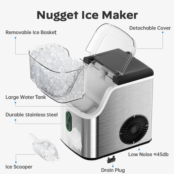 Philergo 35lbs/24H Nugget Ice Maker Countertops with LED Indicator, Portable Chewable Pebble Ice Machine with Self-Cleaning, Crushed Sonic Ice for Hmoe, Kitchen, RV, Stainless Steel