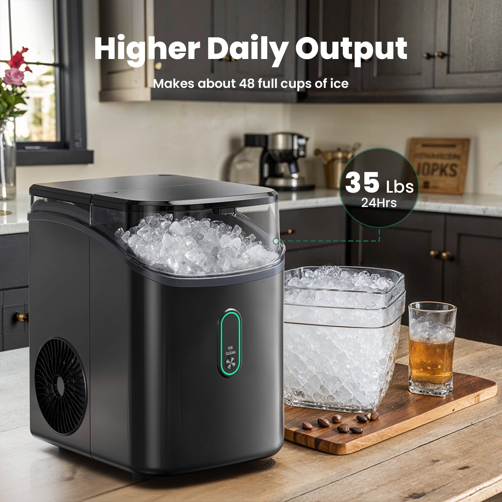 Philergo Nugget Ice Maker Countertop, Pebble Ice Maker with Soft Chewable Ice, 35 lbs/24 Hrs for Home, Kitchen, RV, Camping, Black