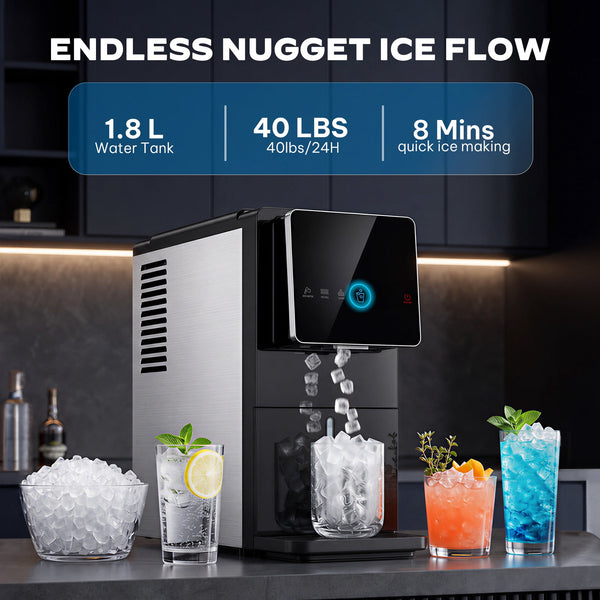 Philergo Nugget Ice Maker Countertop, Touch-Free Self-Dispensing Pebble Ice Machine, 40 lbs/24H Chewable Ice, 8-Minute Ice, One-Touch Self-Cleaning, Slim Portable Ice Maker for Home, Office and RV