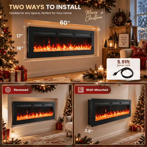 60" Ultra Thin Electric Fireplace Heater with App & Remote Control, 5300 BTU Recessed Wall Mounted Fireplace, Multicolor Flame, Touch Screen, Timer, WiFi Enabled