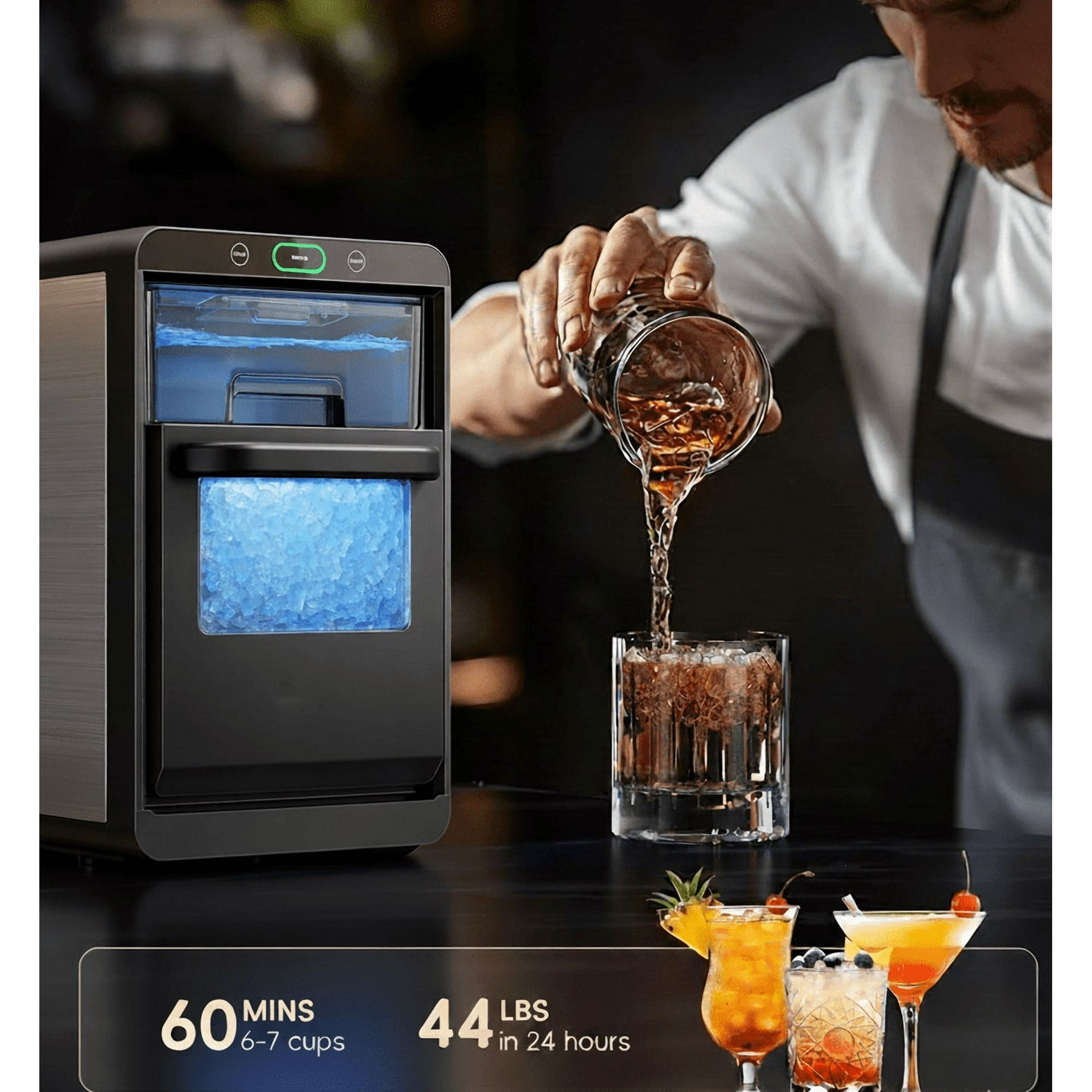 Philergo Nugget Ice Maker Countertop, 44Lbs/24H, Self-Cleaning Pellet Ice Machine with Ice Scoop and Basket, 10-15 Minute Ice Making for Home/Kitchen/Office, Black