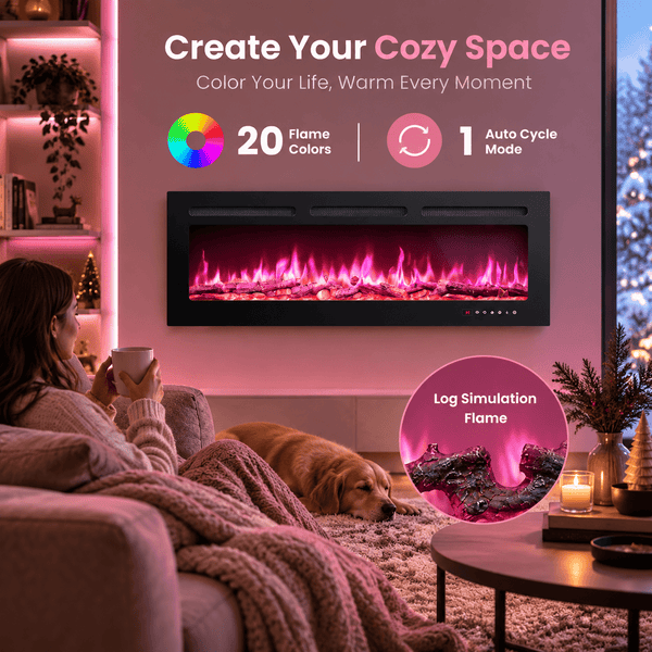 60" Ultra Thin Electric Fireplace Heater with App & Remote Control, 5300 BTU Recessed Wall Mounted Fireplace, Multicolor Flame, Touch Screen, Timer, WiFi Enabled