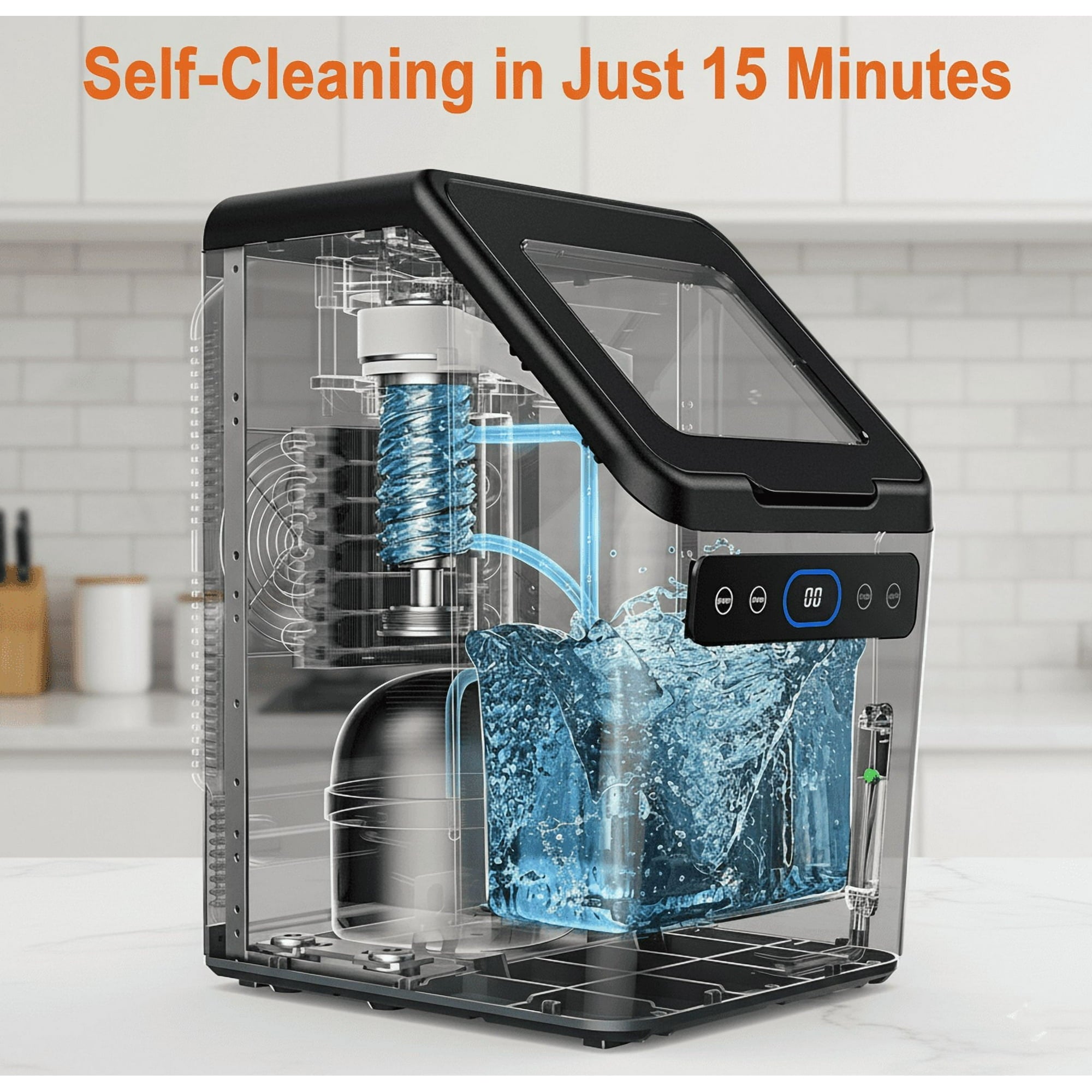 Philergo Nugget Ice Makers Countertop, 45lbs/24H with Self-Cleaning Function and Timer, Ice Maker Machine with Basket/Scoop for Home/Kitchen/Office, Stainless Steel