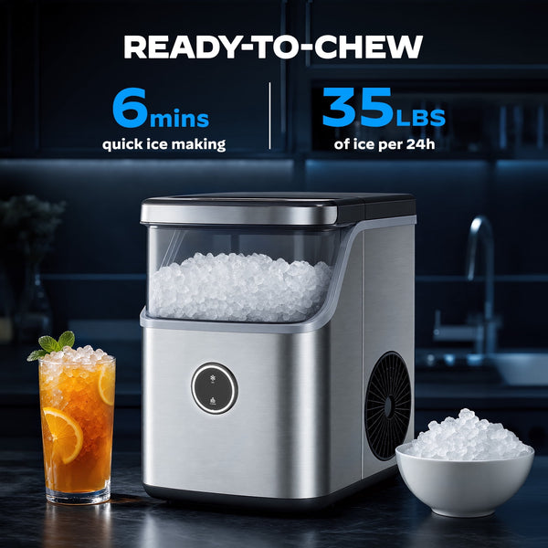Philergo 35lbs/24H Nugget Ice Maker Countertop, Portable Ice Machine with Detachable Ice Basket, Silver