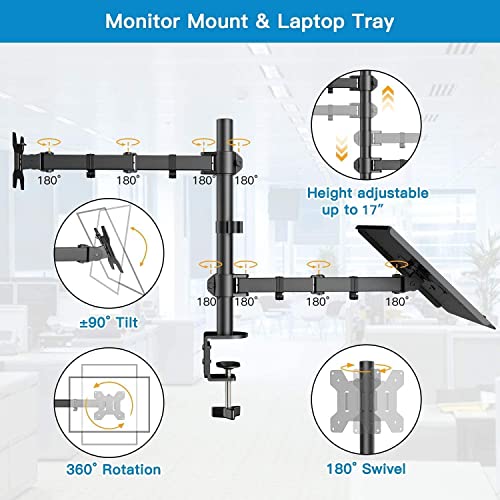 Monitor and Laptop Mount with Tray for 13- 27 inch, Fully Adjustable Laptop Notebook Desk Mount up to 17 inch, Weight up to 22lbs, Extension with Clamp and Grommet Mounting Base
