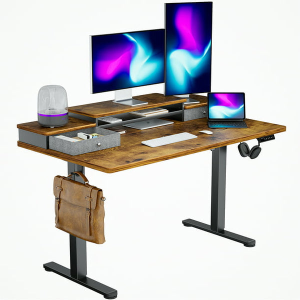 Adjustable Height Electric Standing Desk for 55x28 inch, Computer Stand Up Desk with Double Drawers, Home Office Desk Workstation with Storage Shelf, Vintage Brown - Walmart.com